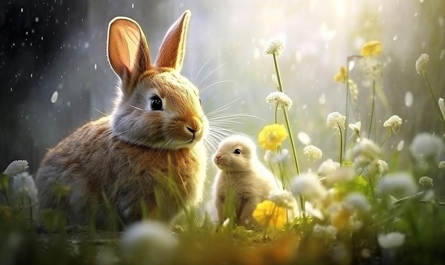 ein Hase und ein Hase in einem Blumenfeld mit einem Hase und einem Hase