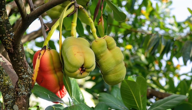 Ein Haufen Ackee auf einem Baum in einem Garten mit natürlich grünem, verschwommenem Hintergrund