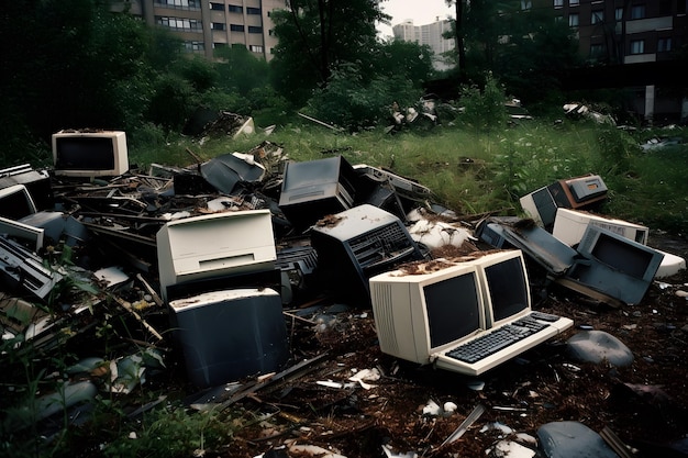 Ein Haufen alter Computermonitore und andere Computergeräte liegen auf dem Boden.