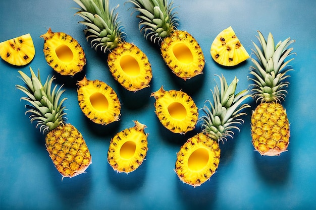 Ein Haufen Ananas auf blauem Hintergrund