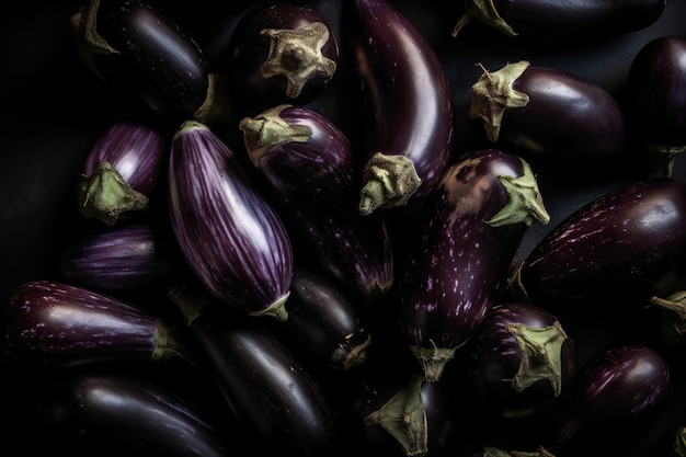 Ein Haufen Auberginen mit dem Wort Aubergine auf der Oberseite.