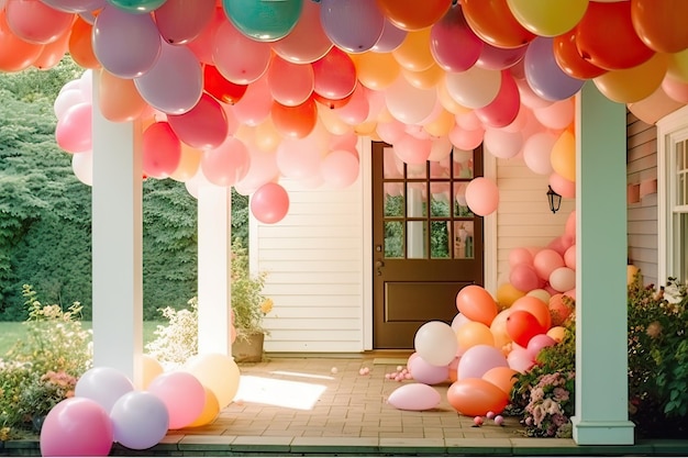 Ein Haufen Ballons auf der Veranda eines Hauses