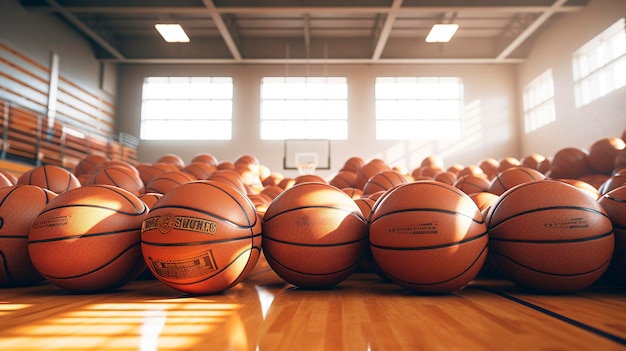 Foto ein haufen basketballs auf einem holzboden mit warmem beleuchtungskonzept für sportgeräte