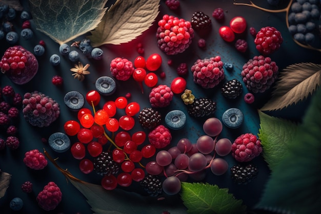 Ein Haufen Beeren auf dunklem Hintergrund