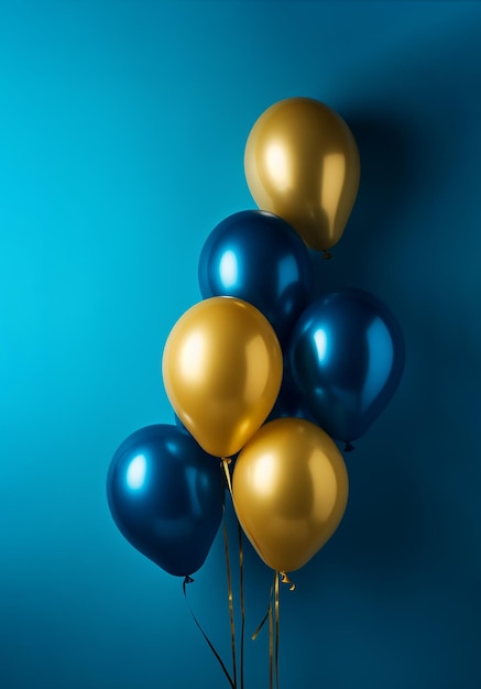 Ein Haufen blauer und goldener Luftballons vor blauem Hintergrund