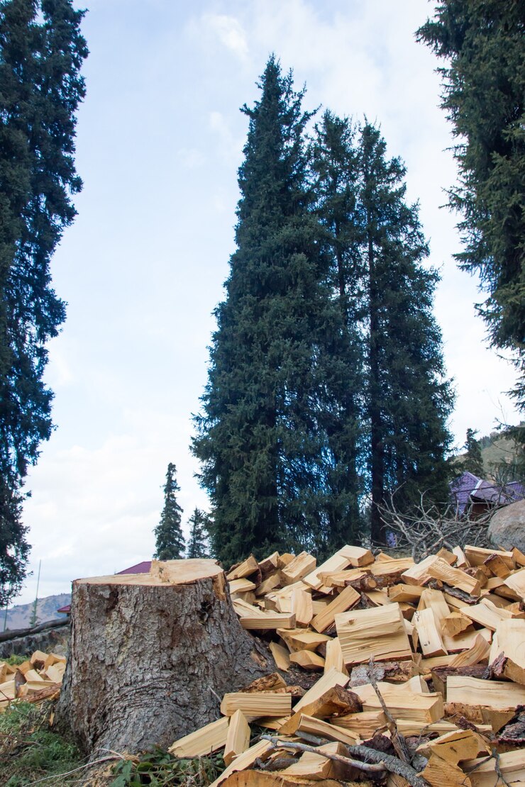 Ein Haufen Brennholz neben einem gesägten Baum. Stumpf auf dem Hintergrund von Kiefern.