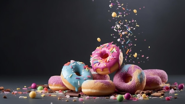 Ein Haufen bunter Donuts mit Streuseln auf der Oberseite und schwarzem Hintergrund.