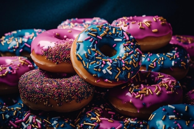 Ein Haufen bunter Donuts mit Streuseln darauf