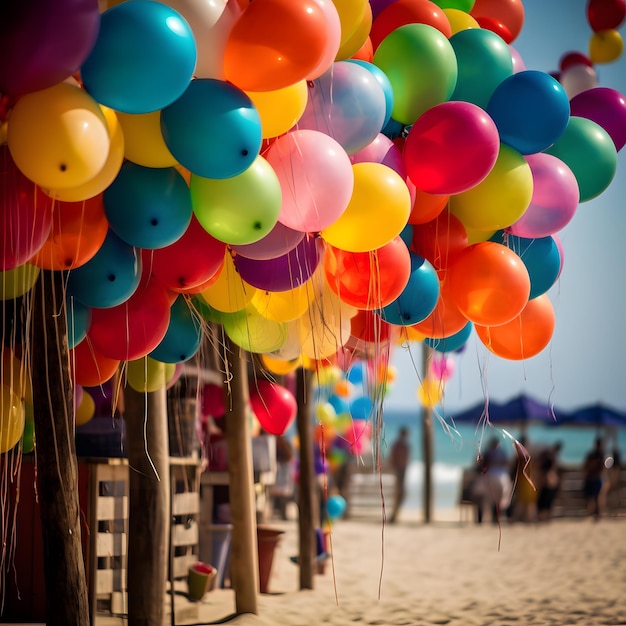 Ein Haufen bunter Luftballons hängt an einem Strand.