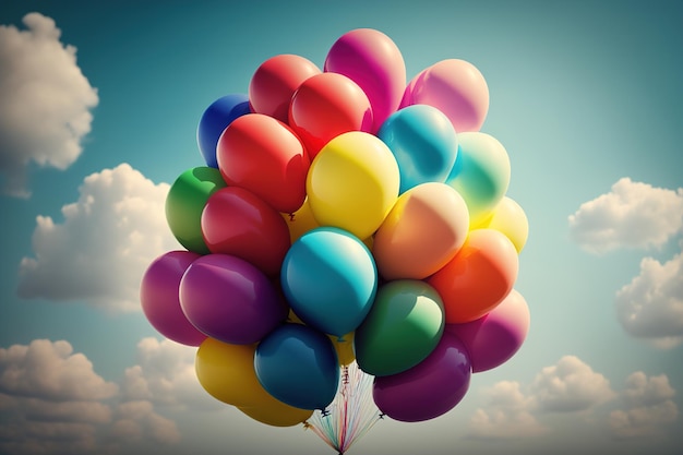 Ein Haufen bunter Luftballons mit Helium gegen den blauen Himmel, generative KI