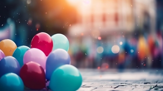 Ein Haufen bunter Luftballons steht auf einer Straße.