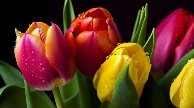 Foto ein haufen bunter tulpen mit wassertropfen darauf