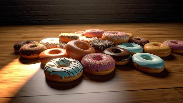 Ein Haufen Donuts auf einem Tisch mit einer Backsteinmauer dahinter.