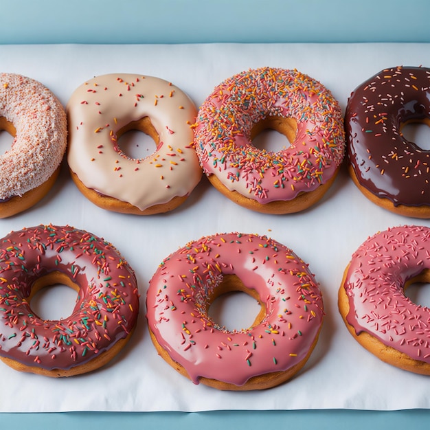 Ein Haufen Donuts mit rosa Zuckerguss und Streuseln darauf