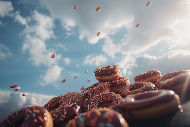 Ein Haufen Donuts mit Streuseln und Schokolade an der Spitze.
