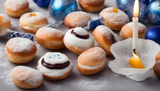 ein Haufen Donuts stehen auf einem Tisch mit einer Platte Schokolade