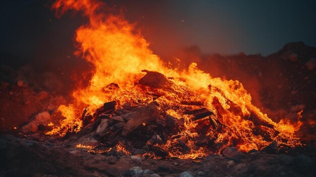 ein Haufen Felsen und Feuer im Dunkeln