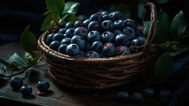 Ein Haufen frischer blauer Blaubeeren in einem Korb mit verschwommenem Hintergrund und guter Aussicht