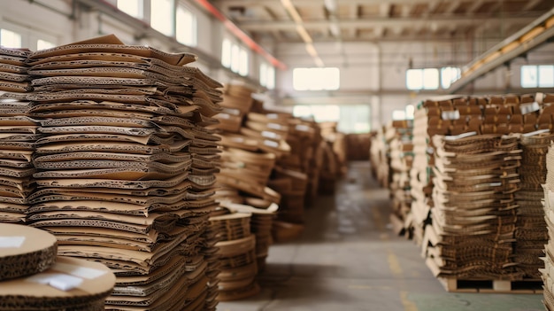 Foto ein haufen gebrauchter karton in einer ki-generierten fabrik