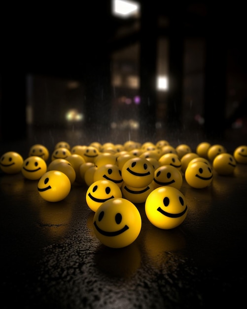 Ein Haufen gelber Kugeln mit Smileys darauf