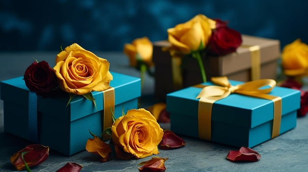Ein Haufen Geschenkboxen mit Rosen darauf