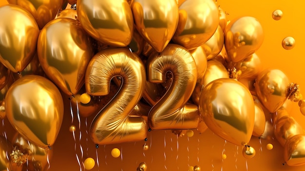 Ein Haufen goldener Luftballons mit der Nummer 22 darauf