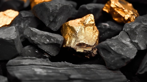 Ein Haufen Goldnuggets mit schwarzen Kohlen im Hintergrund