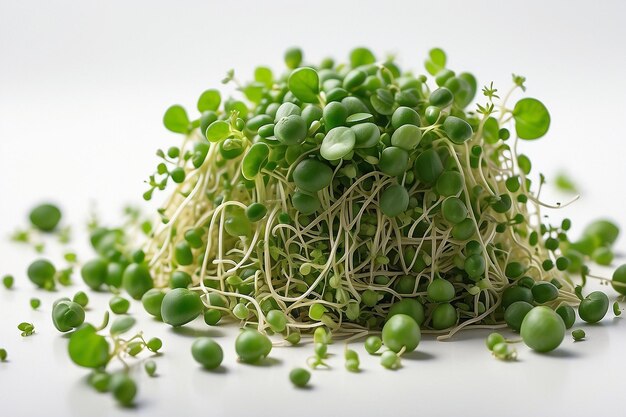 Foto ein haufen grüner erbsenknospen mit mikro-grünen auf weißem hintergrund