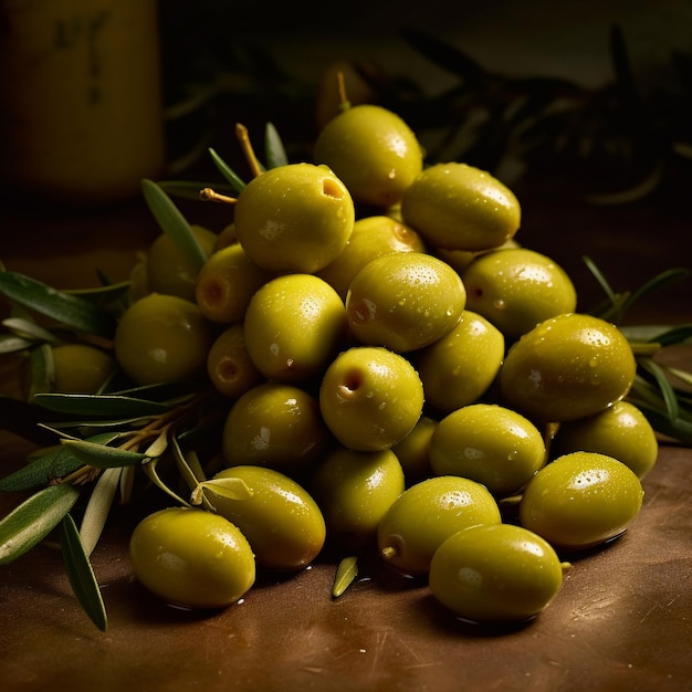 Ein Haufen grüner Oliven mit dem Wort Oliven auf der Unterseite