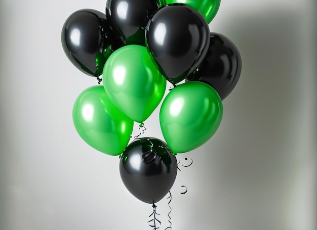 Ein Haufen grüner und schwarzer Luftballons mit dem Wort „Ballon“ auf der Unterseite.