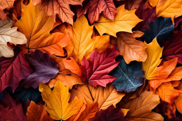 Ein Haufen Herbstblätter, bunt geschossen von oben