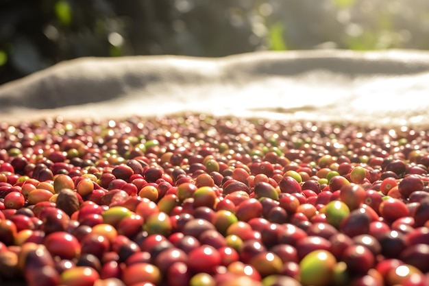 Ein Haufen Kaffeebohnen ist in grüner und roter Farbe dargestellt.