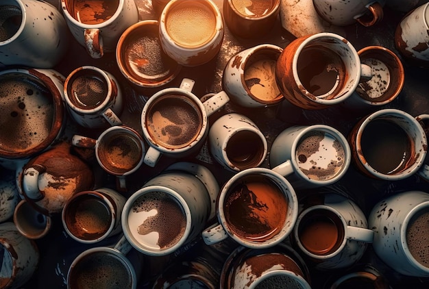 ein Haufen Kaffeetassen stehen nebeneinander im Stil von dunkel und chaotisch