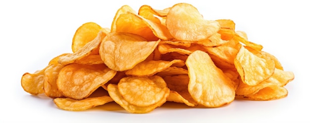 Ein Haufen Kartoffelchips auf einem weißen Hintergrund Generative KI