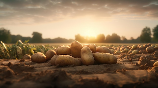 Ein Haufen Kartoffeln auf einem Feld mit der Sonne im Hintergrund