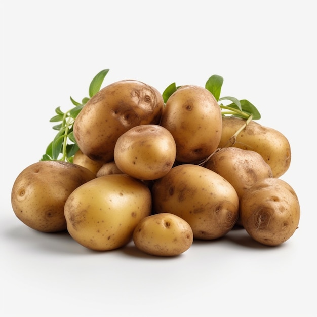Ein Haufen Kartoffeln mit einem grünen Blatt darauf