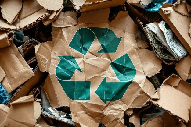 Ein Haufen Kartonkisten mit einem grünen Recycling-Symbol darauf