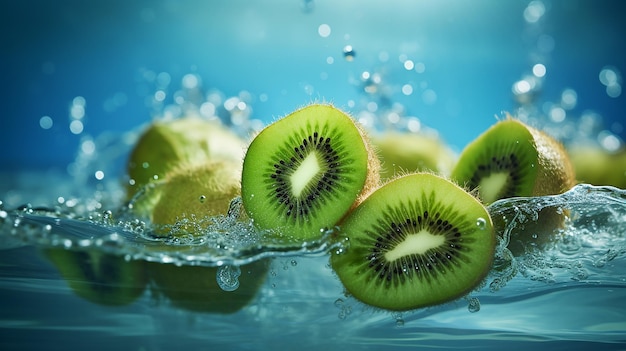 Ein Haufen Kiwis im Wasser mit blauem Hintergrund.