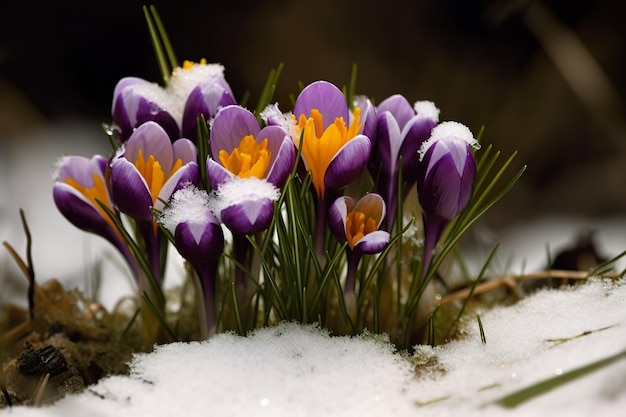 Ein Haufen Krokusblumen im Schnee