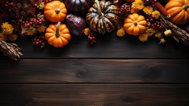 Ein Haufen Kürbisse sitzt auf einem Holztisch. Herbstliches Thanksgiving-Dekor