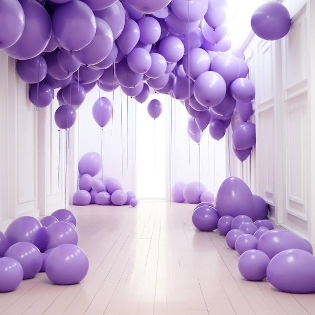 Ein Haufen lila Ballons schwebt in einem weißen Raum