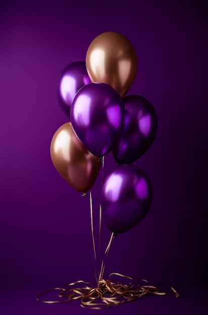 Ein Haufen lila Luftballons mit Gold und Braun auf der Unterseite.