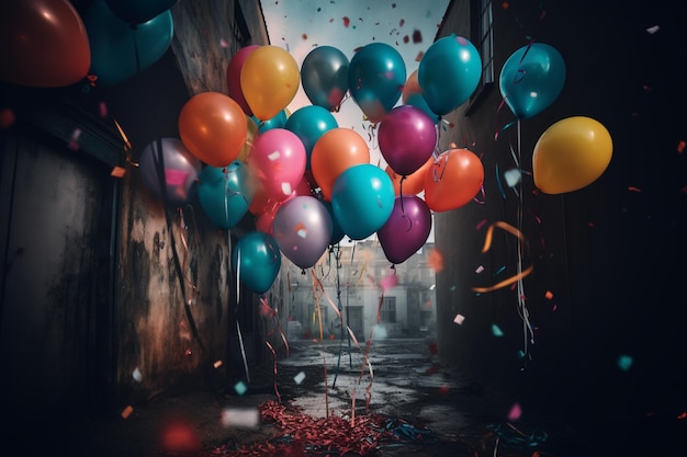 Ein Haufen Luftballons mit der Aufschrift „Geburtstag“.