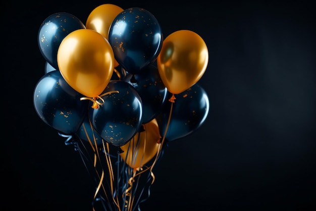 Ein Haufen Luftballons mit Gold und Blau auf dunklem Hintergrund