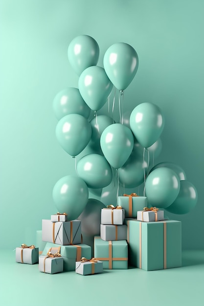 Ein Haufen Luftballons mit grünem Hintergrund und dem Geburtstag darauf