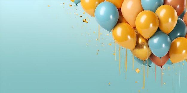 Ein Haufen Luftballons mit Orange und Blau auf blauem Hintergrund