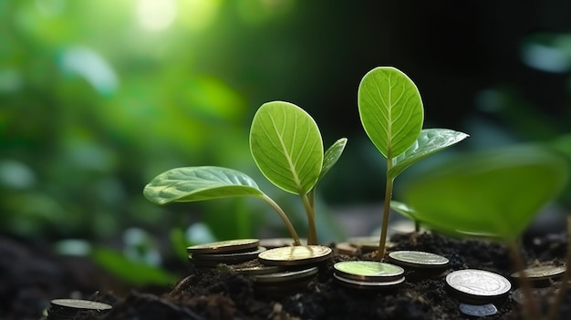 Ein Haufen Münzen, der auf einem Haufen Erde sitzt, aus dem eine Pflanze wächst, ist ein ökologisches Konzept