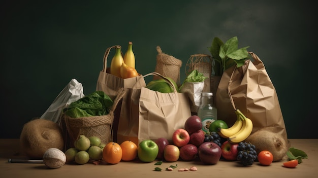 Ein Haufen Papiertüten mit Obst und Gemüse darauf