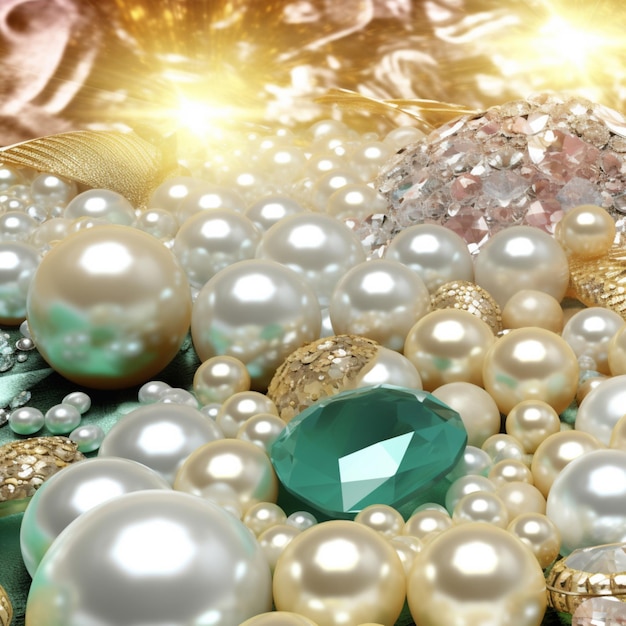 Ein Haufen Perlen und ein grüner Diamant liegen auf einem goldenen Hintergrund.