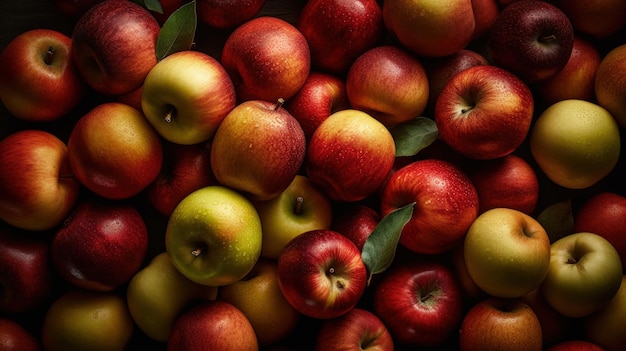 Ein Haufen Äpfel mit Blättern darauf